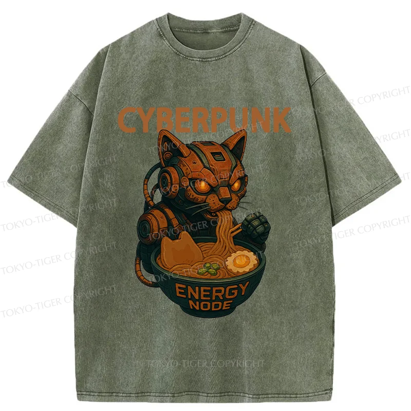 Tokyo-Tiger Retro Machine Cat Eating Ramen Washed T-Shirt