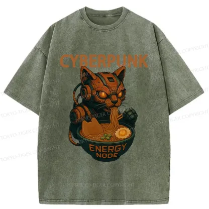 Tokyo-Tiger Retro Machine Cat Eating Ramen Washed T-Shirt