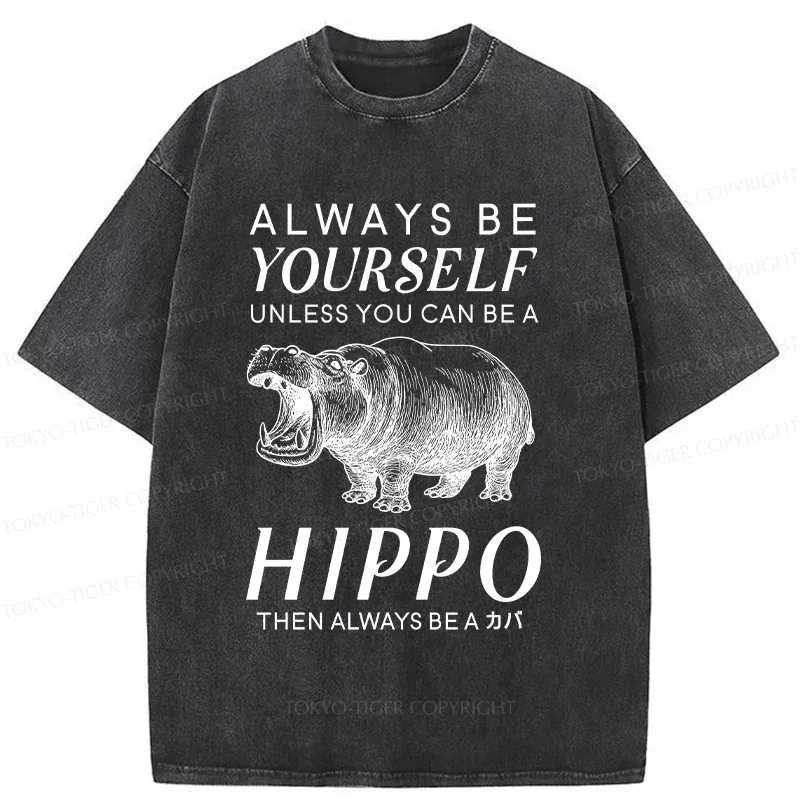 Tokyo-Tiger Funny Hippopotamu Washed T-Shirt