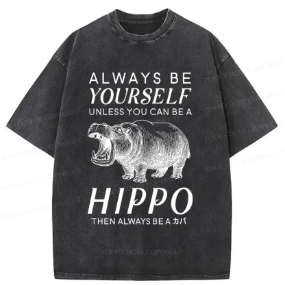Tokyo-Tiger Funny Hippopotamu Washed T-Shirt