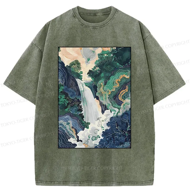 Tokyo-Tiger Japanese Landscape Painting Washed T-Shirt