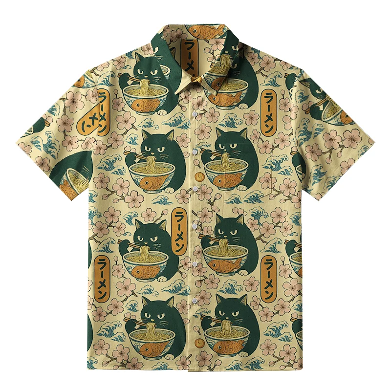 Tokyo-Tiger Ramen Lover Cat Button-up Shirt