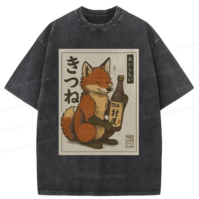 Tokyo-Tiger Fox Holding Sake Washed T-Shirt