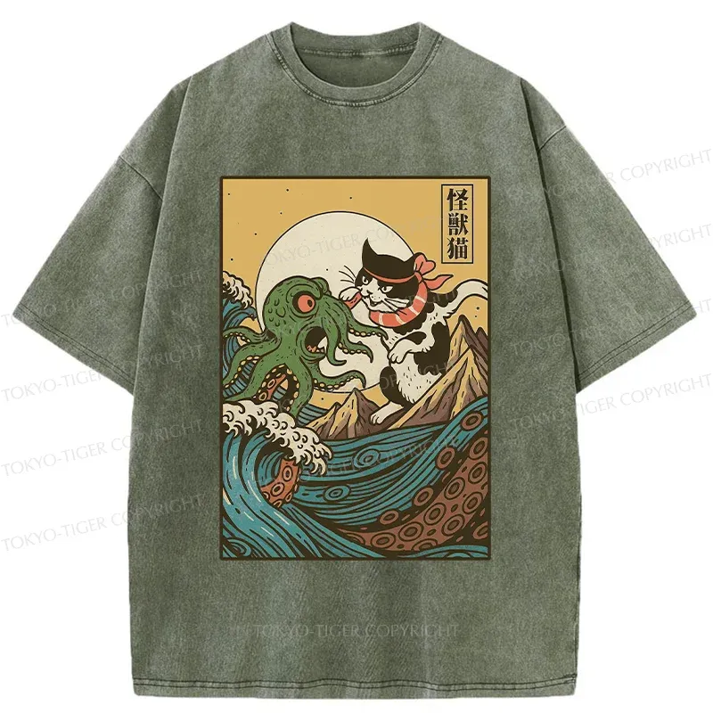 Tokyo-Tiger Cat And Octopus Battle Funny Washed T-Shirt