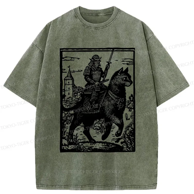 Tokyo-Tiger Samurai Riding A Cat Washed T-Shirt