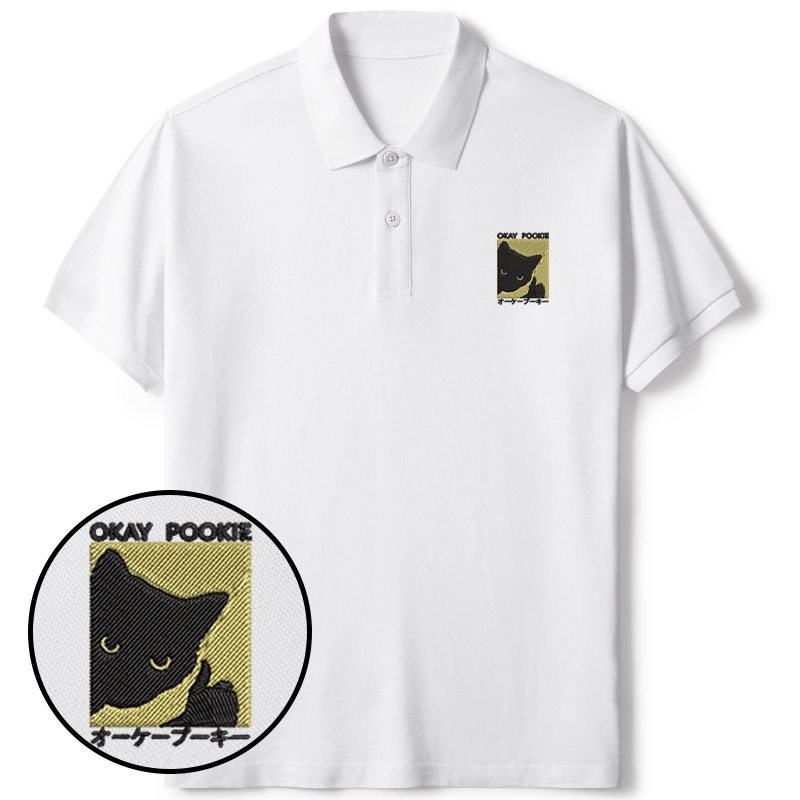 Tokyo-Tiger Okay Pookie Cat Embroidered Polo T-Shirt
