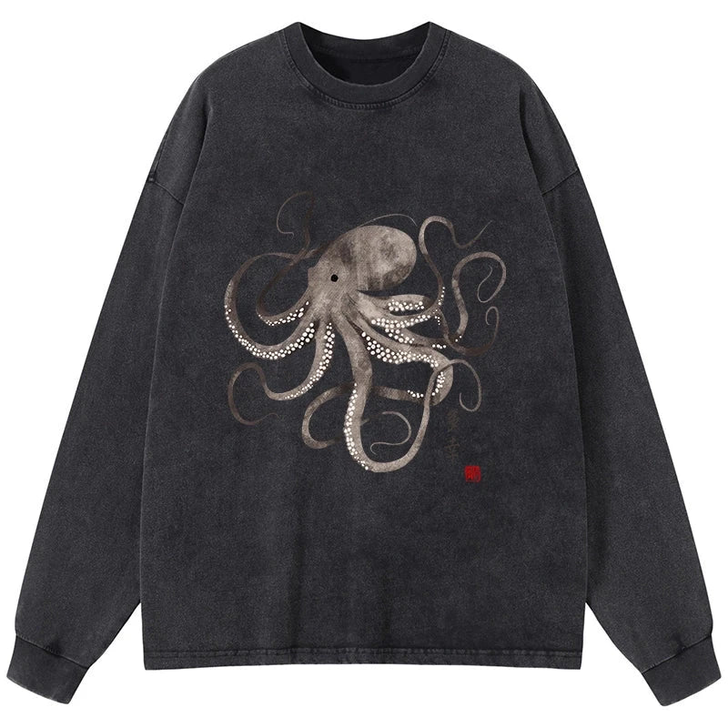 Tokyo-Tiger Octopus Japanese Calligraphy Washed Long Sleeve T-Shirt