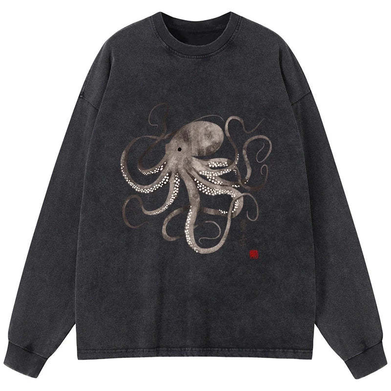 Tokyo-Tiger Octopus Japanese Calligraphy Washed Long Sleeve T-Shirt Sale