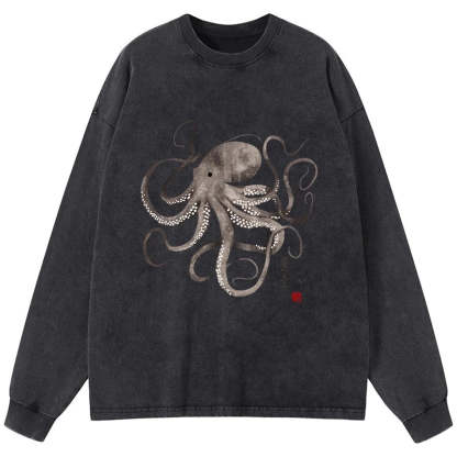 Tokyo-Tiger Octopus Japanese Calligraphy Washed Long Sleeve T-Shirt