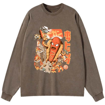 Tokyo-Tiger Great Hot Dog Kaiju Japanese Washed Long Sleeve T-Shirt