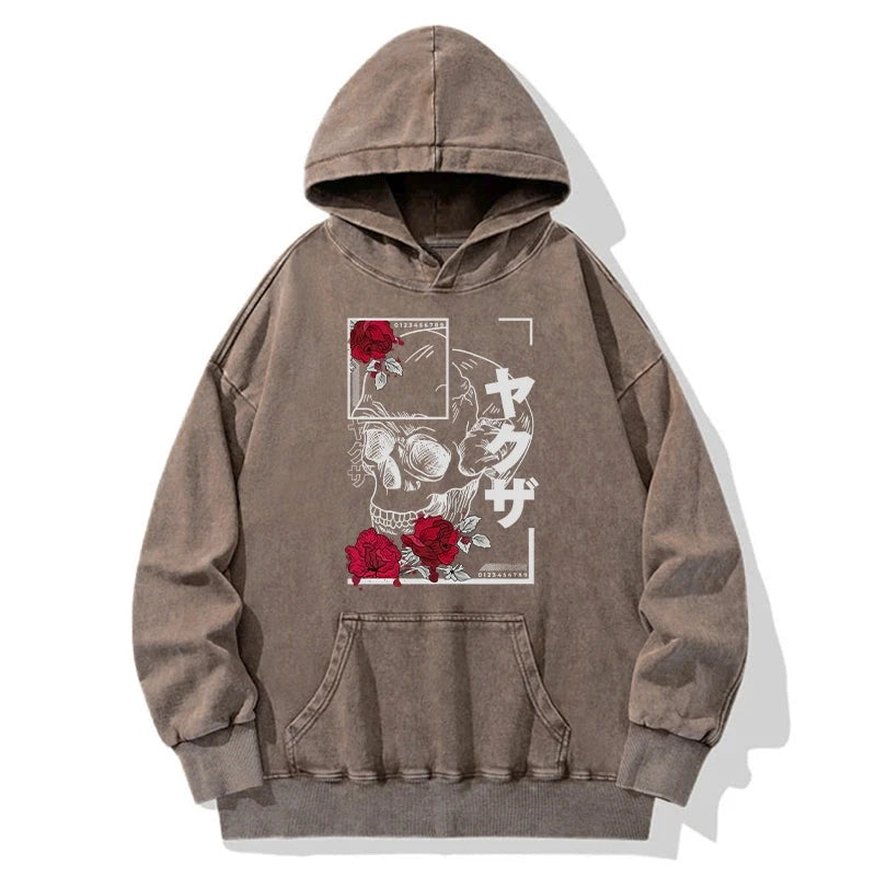 Tokyo-Tiger Skull Roses Japanese Aesthetic Washed Hoodie