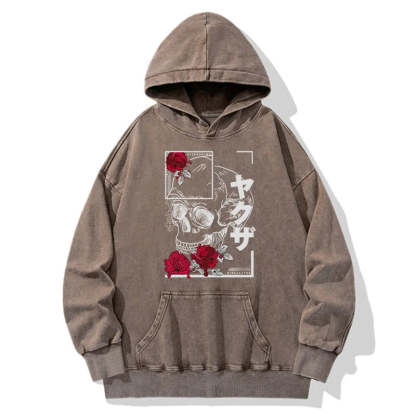 Tokyo-Tiger Skull Roses Japanese Aesthetic Washed Hoodie