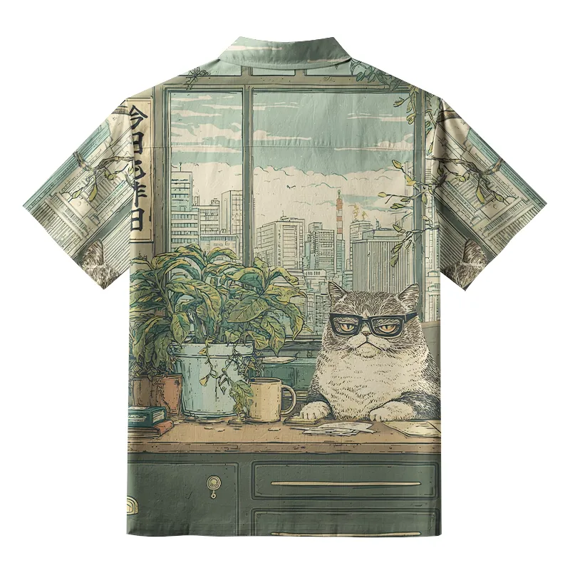 Tokyo-Tiger Funny Cat Meditating Button-up Shirt