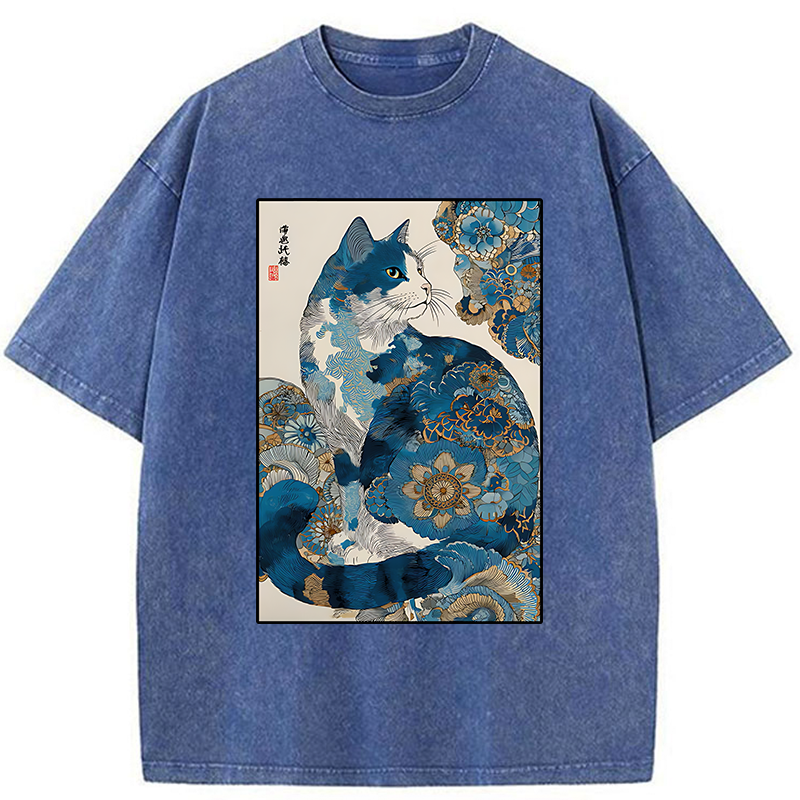 Tokyo-Tiger Japanese Ukiyo-e Flowers Cat Washed T-Shirt