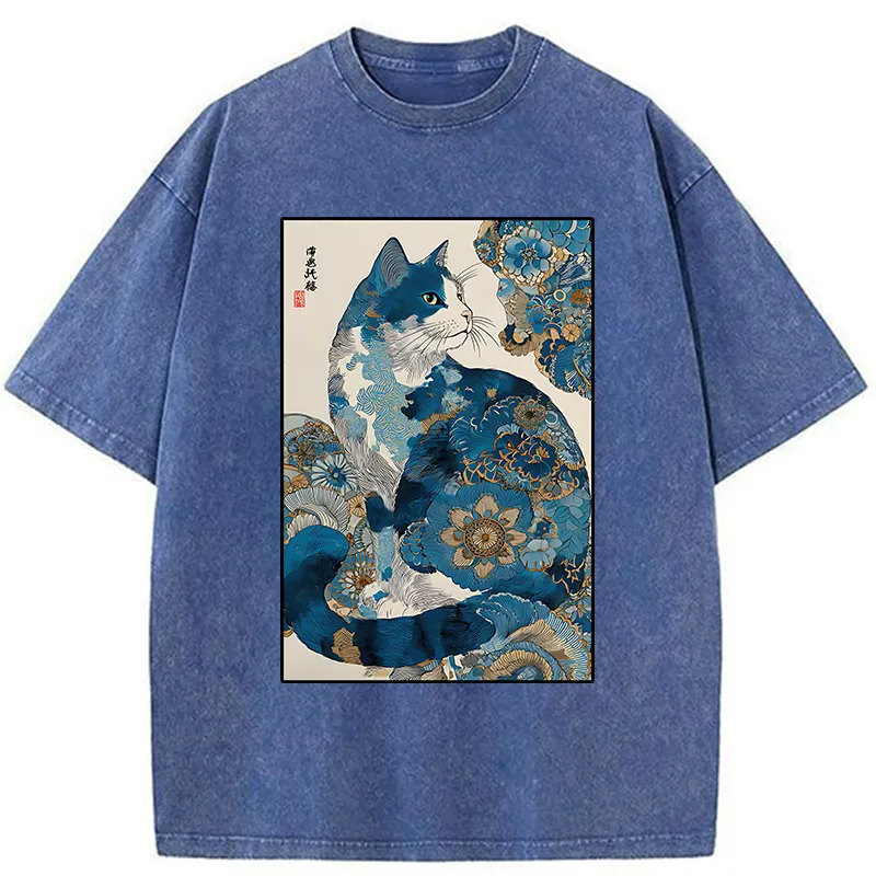 Tokyo-Tiger Japanese Ukiyo-e Flowers Cat Washed T-Shirt