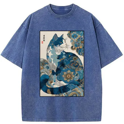 Tokyo-Tiger Japanese Ukiyo-e Flowers Cat Washed T-Shirt