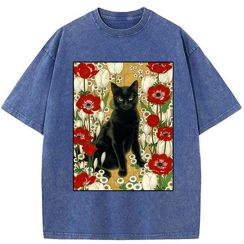 Tokyo-Tiger Black Cat In The Garden Washed T-Shirt