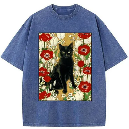 Tokyo-Tiger Black Cat In The Garden Washed T-Shirt