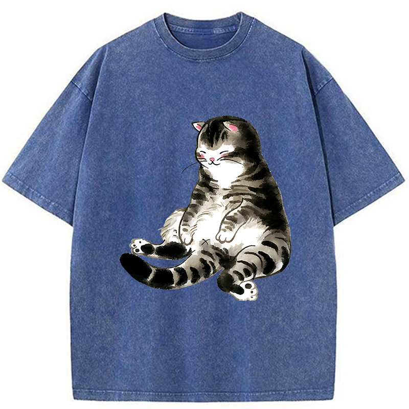 Tokyo-Tiger Ink Painting Cute Cat Washed T-Shirt