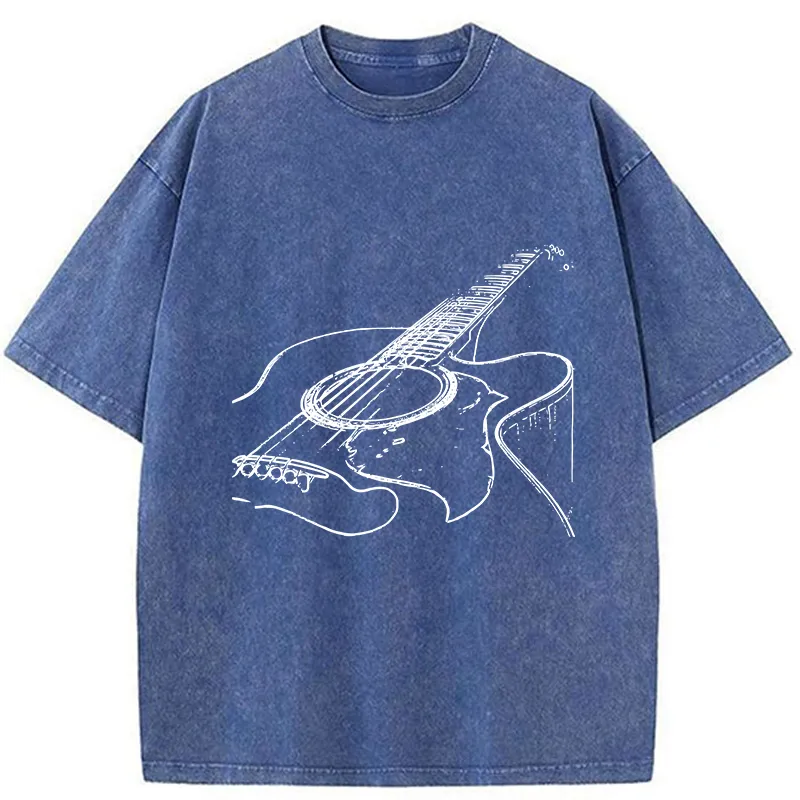 Tokyo-Tiger Guitar Line Art Washed T-Shirt