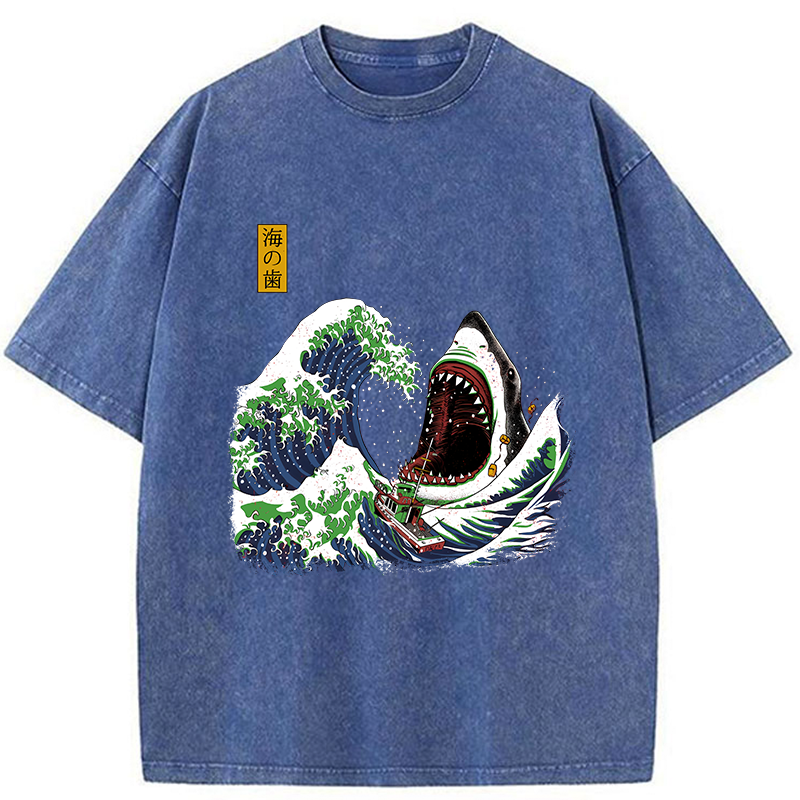 Tokyo-Tiger The Great Wave Ukiyoe Shark Washed T-Shirt