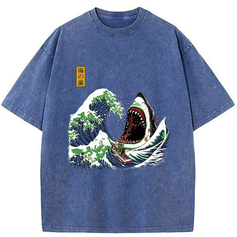 Tokyo-Tiger The Great Wave Ukiyoe Shark Washed T-Shirt