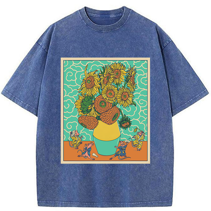 Tokyo-Tiger Japanese Mouse Dancing Sunflower Washed T-Shirt