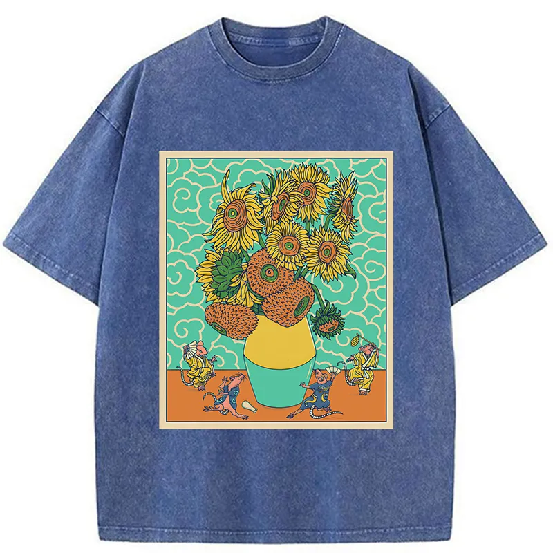 Tokyo-Tiger Japanese Mouse Dancing Sunflower Washed T-Shirt