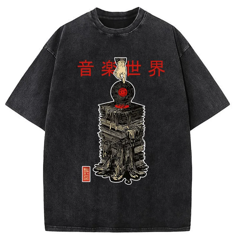 Tokyo-Tiger Retro Music Records Washed T-Shirt