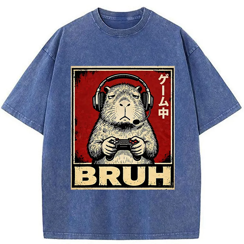 Tokyo-Tiger Funny Capybara Playing Games Washed T-Shirt