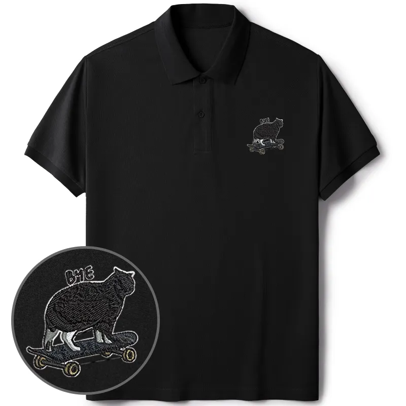 Tokyo-Tiger Cat On Skateboard Embroidered Polo T-Shirt