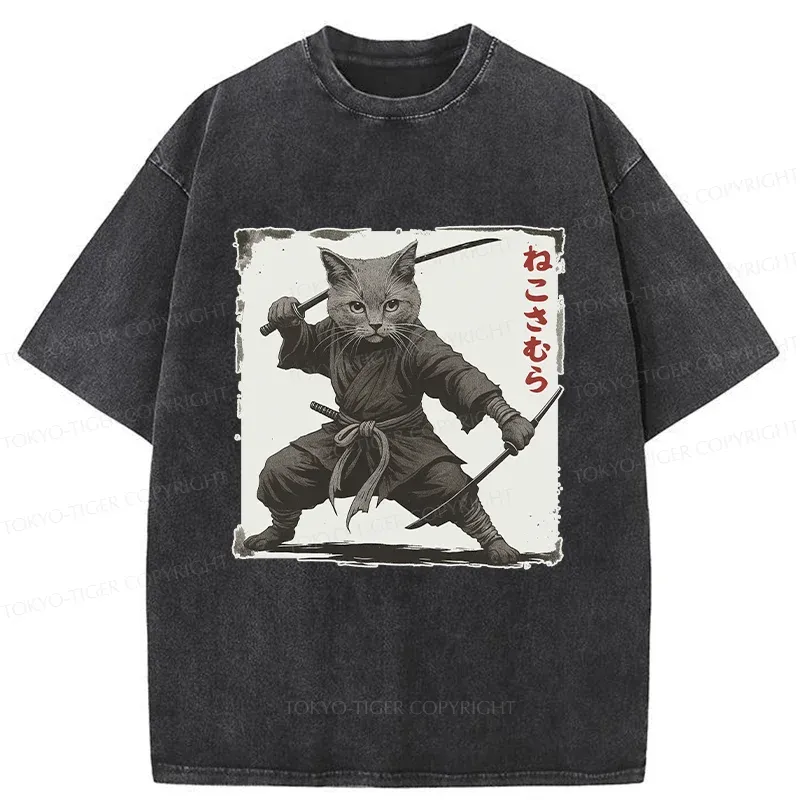 Tokyo-Tiger Handsome Cat Samurai Washed T-Shirt