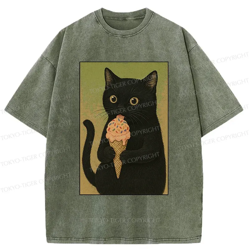 Tokyo-Tiger Kitten Rating Ice Cream Washed T-Shirt