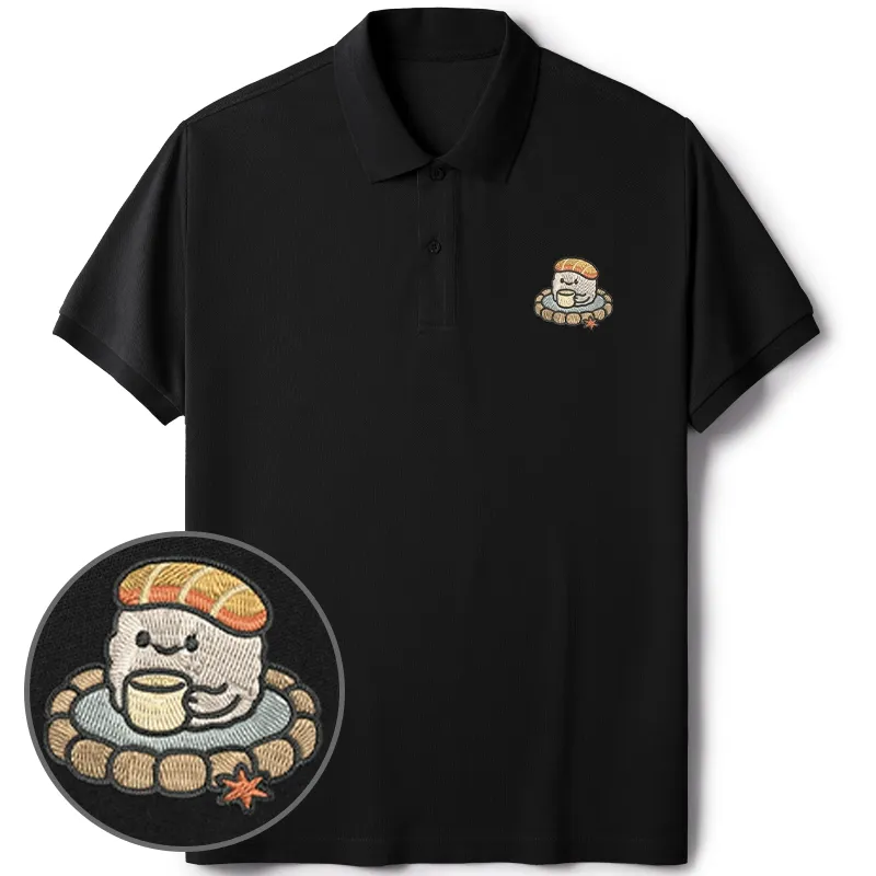 Tokyo-Tiger Cute Sushi Drinking Tea Embroidered Polo T-Shirt