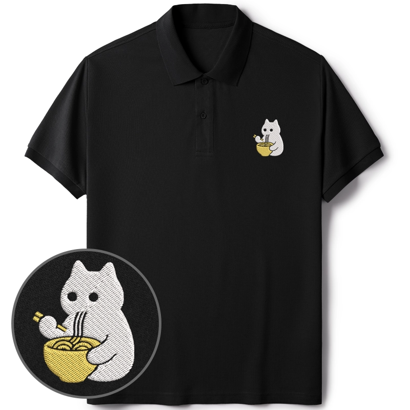 Tokyo-Tiger Cat Eating Ramen Embroidered Polo T-Shirt