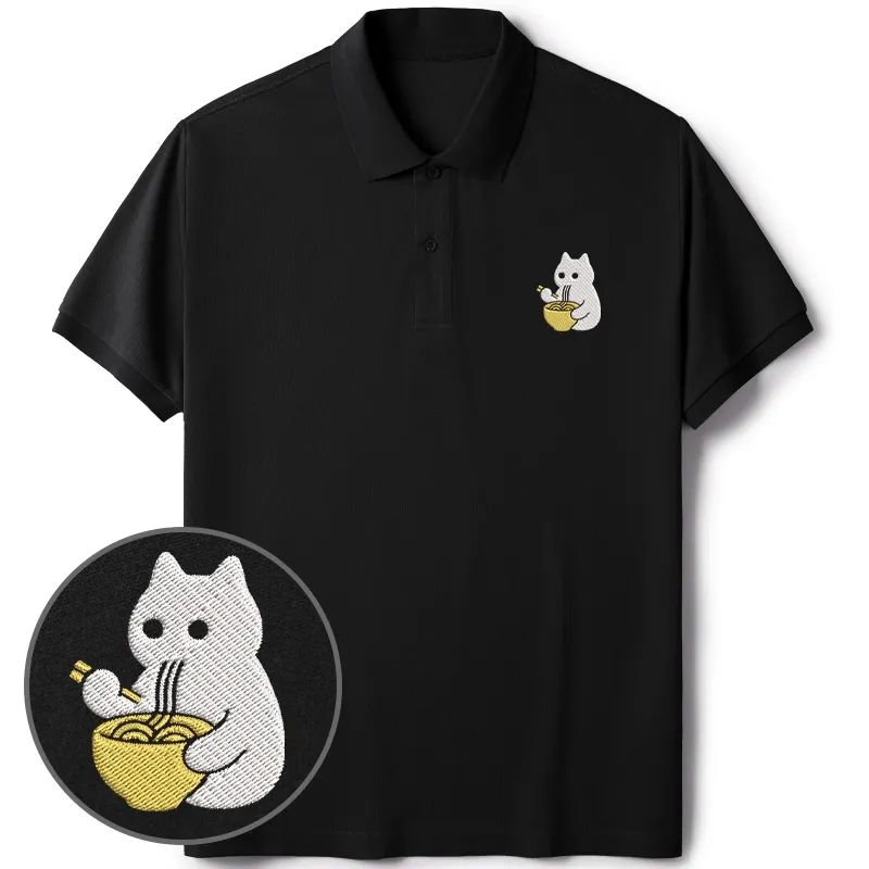 Tokyo-Tiger Cat Eating Ramen Embroidered Polo T-Shirt