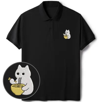 Tokyo-Tiger Cat Eating Ramen Embroidered Polo T-Shirt