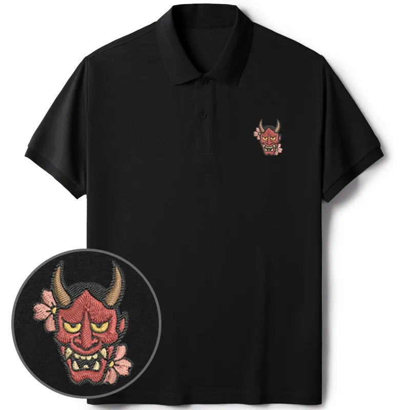 Tokyo-Tiger Oni Mask With Sakura Embroidered Polo T-Shirt