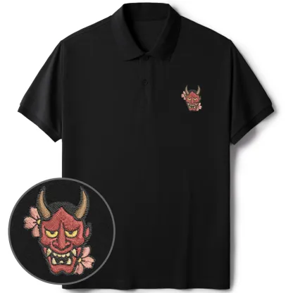 Tokyo-Tiger Oni Mask With Sakura Embroidered Polo T-Shirt