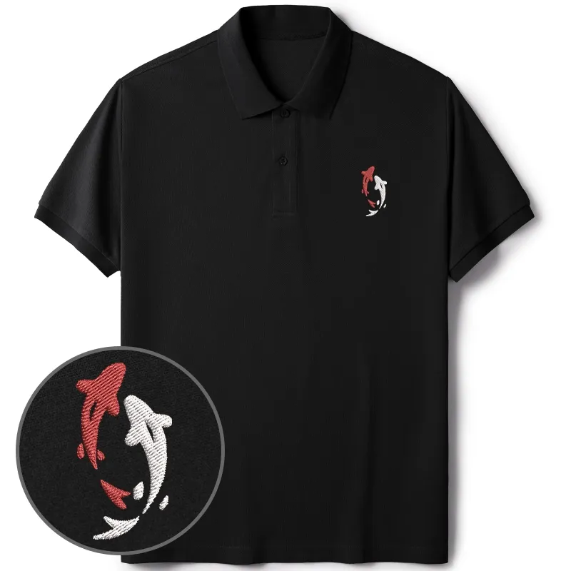 Tokyo-Tiger Two Koi Carps Embroidered Polo T-Shirt