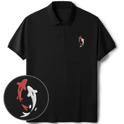 Tokyo-Tiger Two Koi Carps Embroidered Polo T-Shirt