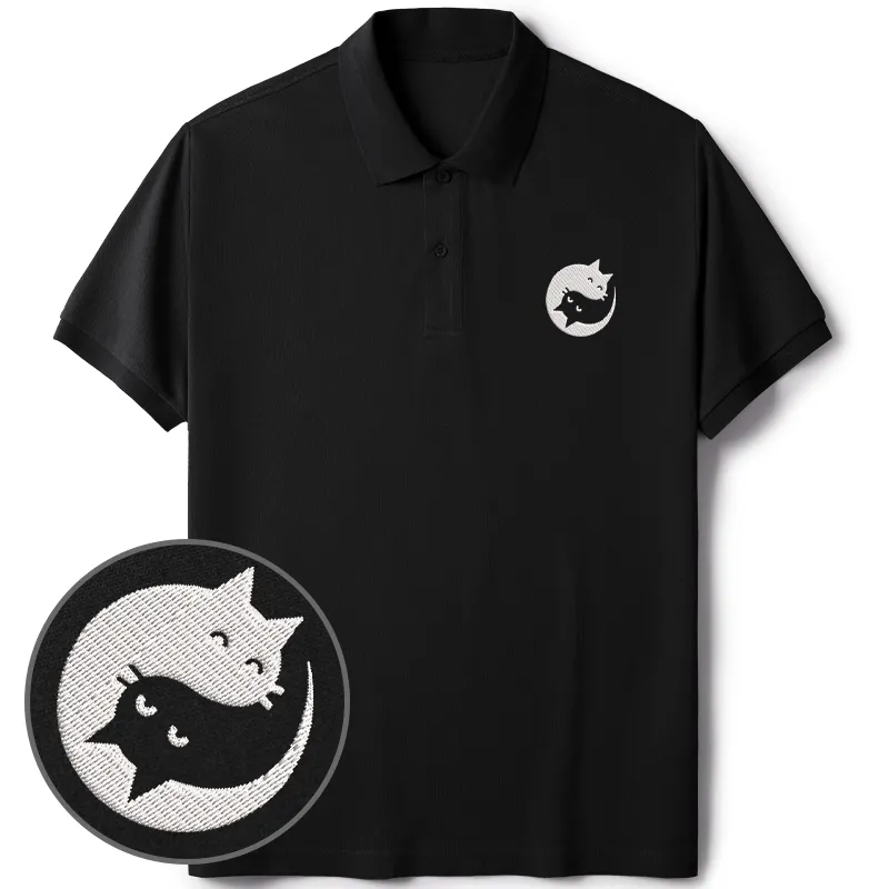 Tokyo-Tiger Yin Yang Cat Embroidered Polo T-Shirt