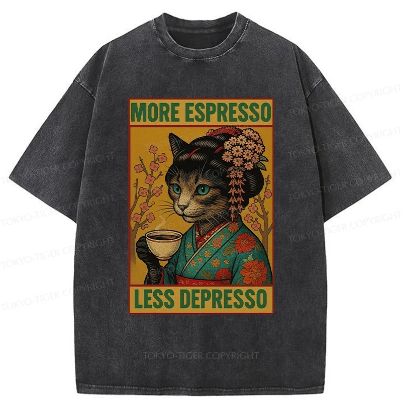 Tokyo-Tiger Geisha Cat Drinking Coffee Washed T-Shirt