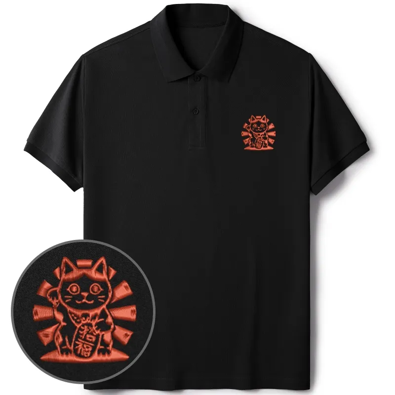 Tokyo-Tiger Japanese Lucky Cat Embroidered Polo T-Shirt