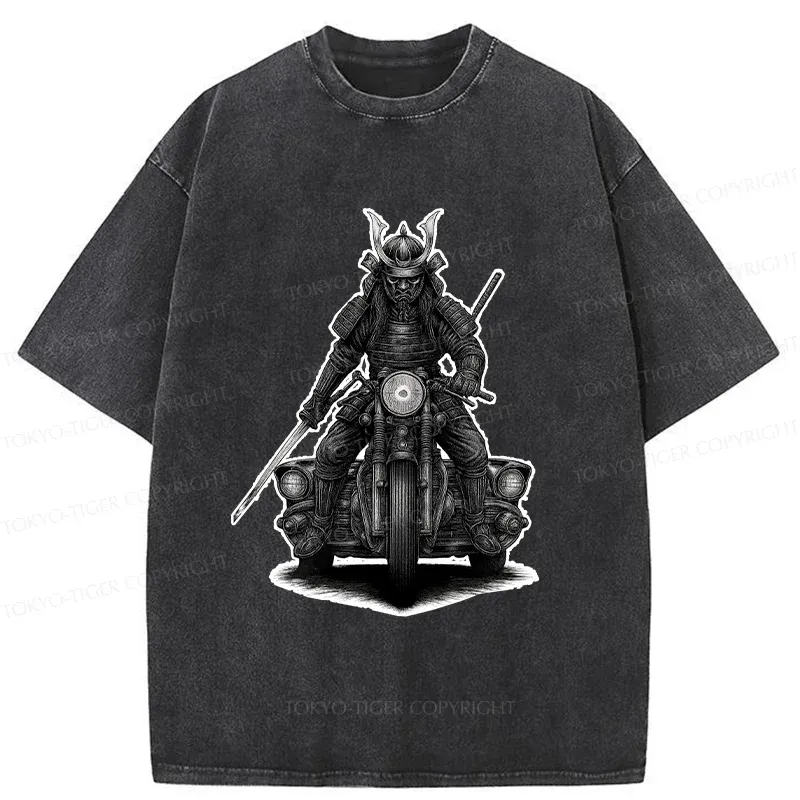 Tokyo-Tiger Samurai Riding A Motorcycle Washed T-Shirt
