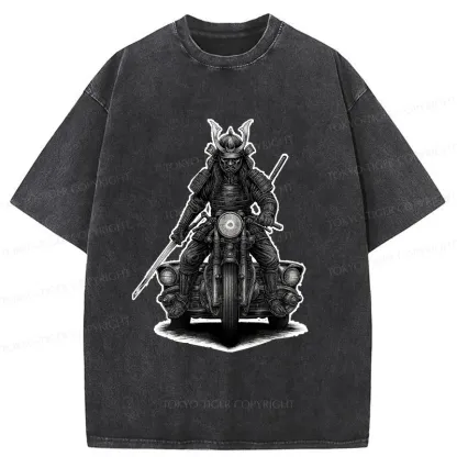 Tokyo-Tiger Samurai Riding A Motorcycle Washed T-Shirt