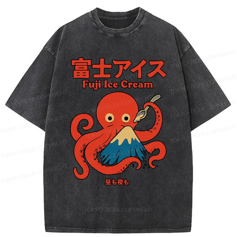 Tokyo-Tiger Octopus Eating Mount Fuji Washed T-Shirt