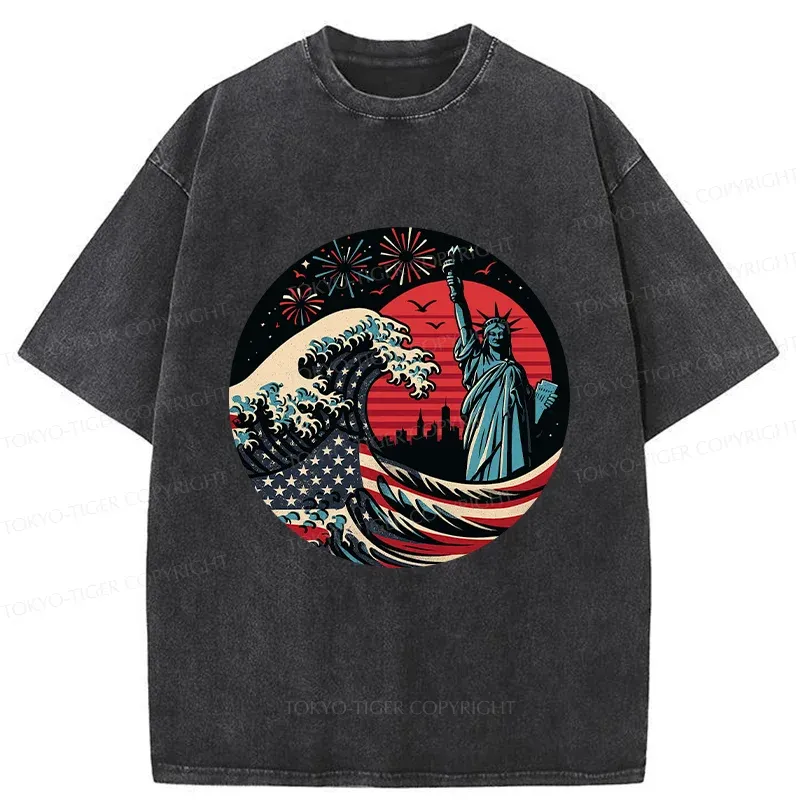 Tokyo-Tiger Independence Day And Waves Washed T-Shirt