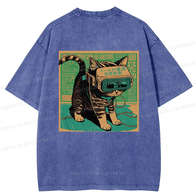 Tokyo-Tiger Cyberpunk Sci-Fi Cat Back Washed T-Shirt