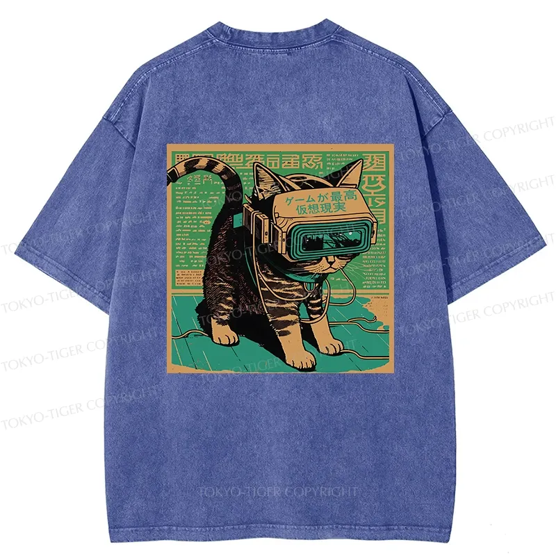 Tokyo-Tiger Cyberpunk Sci-Fi Cat Back Washed T-Shirt
